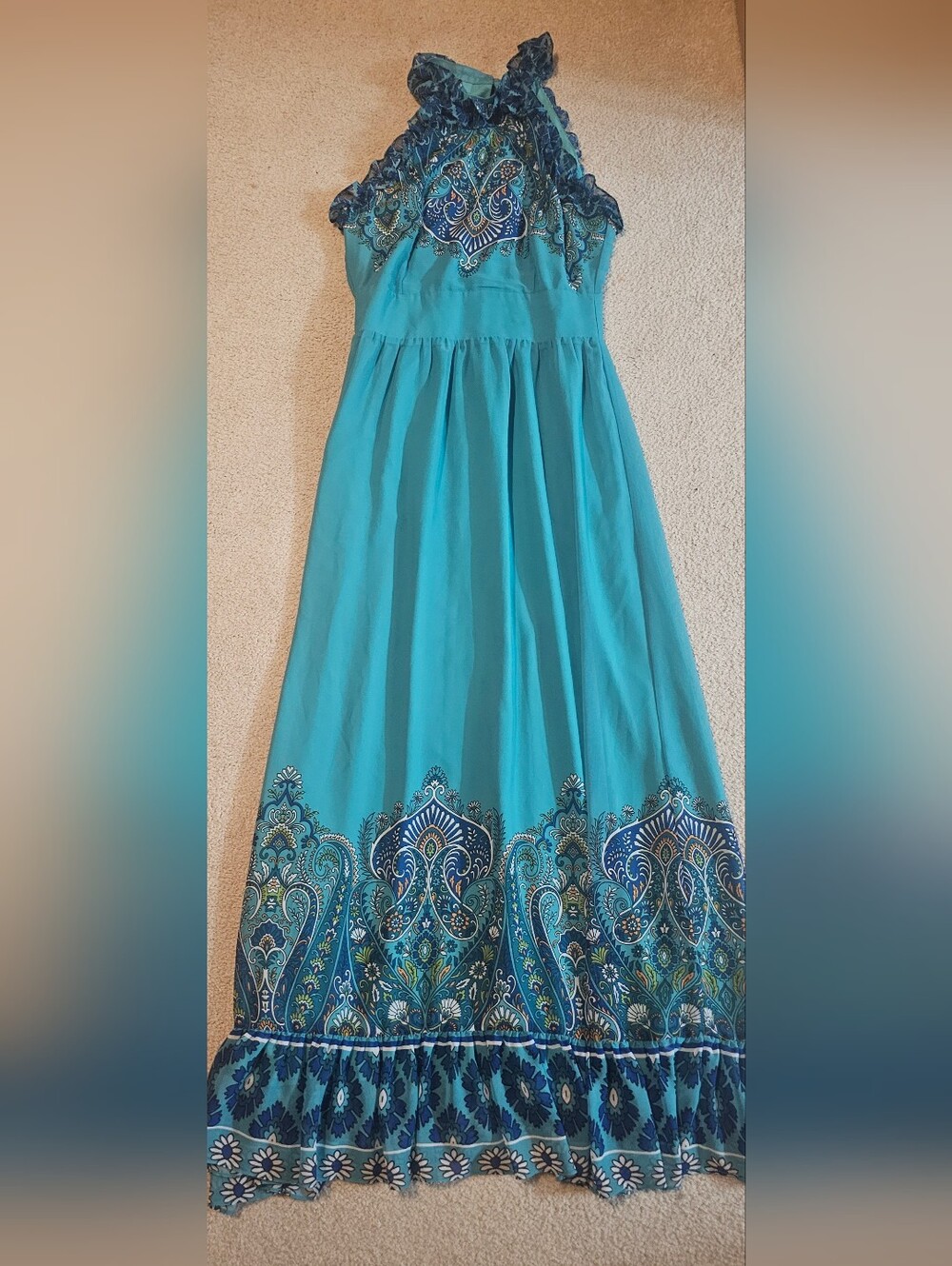 Boston Proper Blue Multi Paisley Print Ruffle High Neck Maxi Dress size 6 - Picture 8 of 11